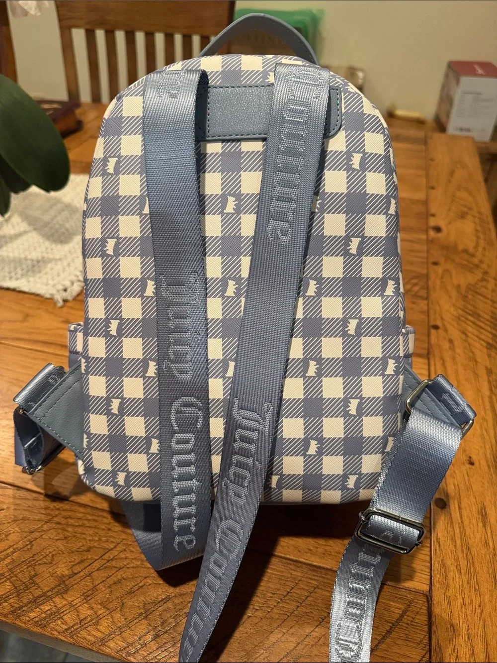 Juicy Couture Light Blue Gingham Mini Backpack with White Plush Bear Charm